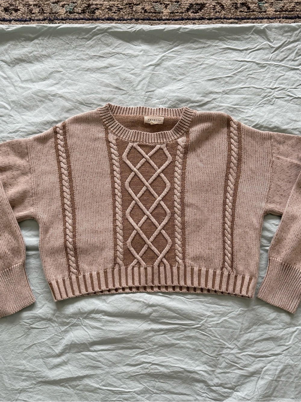 Promesa Cropped Cable Knit Sweater in tan/cream